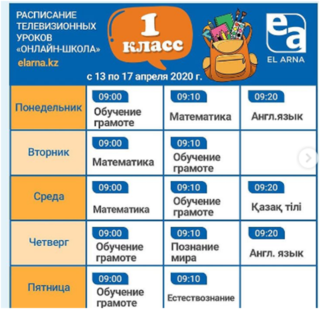 "Ел арна" теларнасы мектеп оқушыларына арналған телесабақтар кестесі