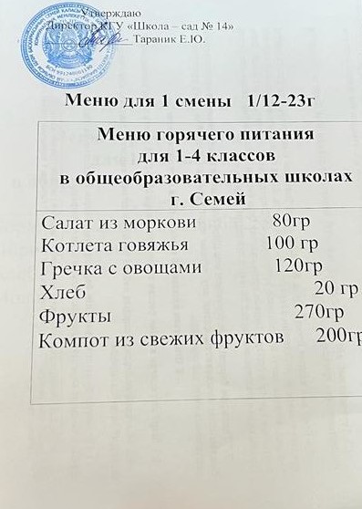 Меню для 1 смены 01.12.2023