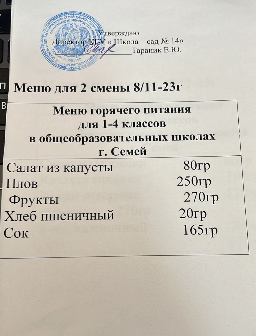 Меню для 2 смены 08.12.2023 г.